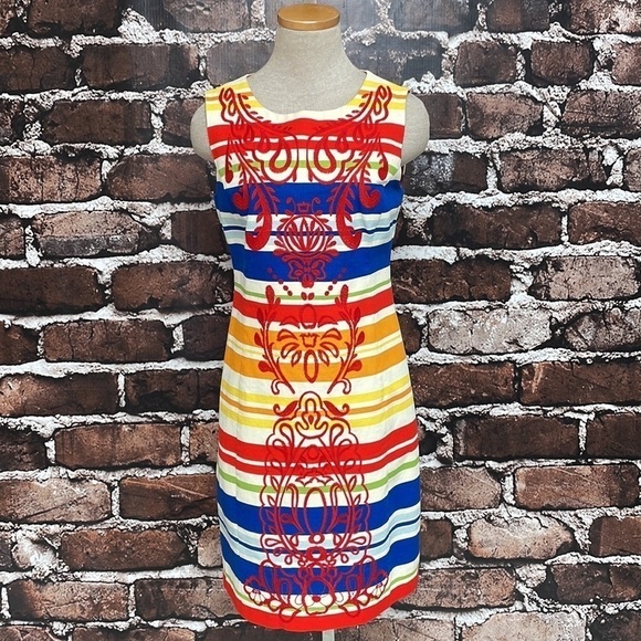 Anthropologie Tabitha Dress Banded Totem Stripes Embroidered Sheath Size 4 - Picture 4 of 16